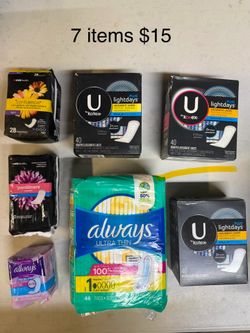 2 Always pads, 3 Kotex pads, 2 CVS Pantilines: 7 items $15