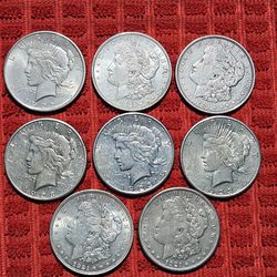 8 Silver Dollars Collectibles Coins, 4 Pease Dollars And 4 Morgan's 