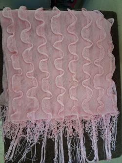 Vintage Pink Ruffle Mesh Knit Shawl Scarf - Romantic Boho Sheer Wrap with Fringe (EUC)