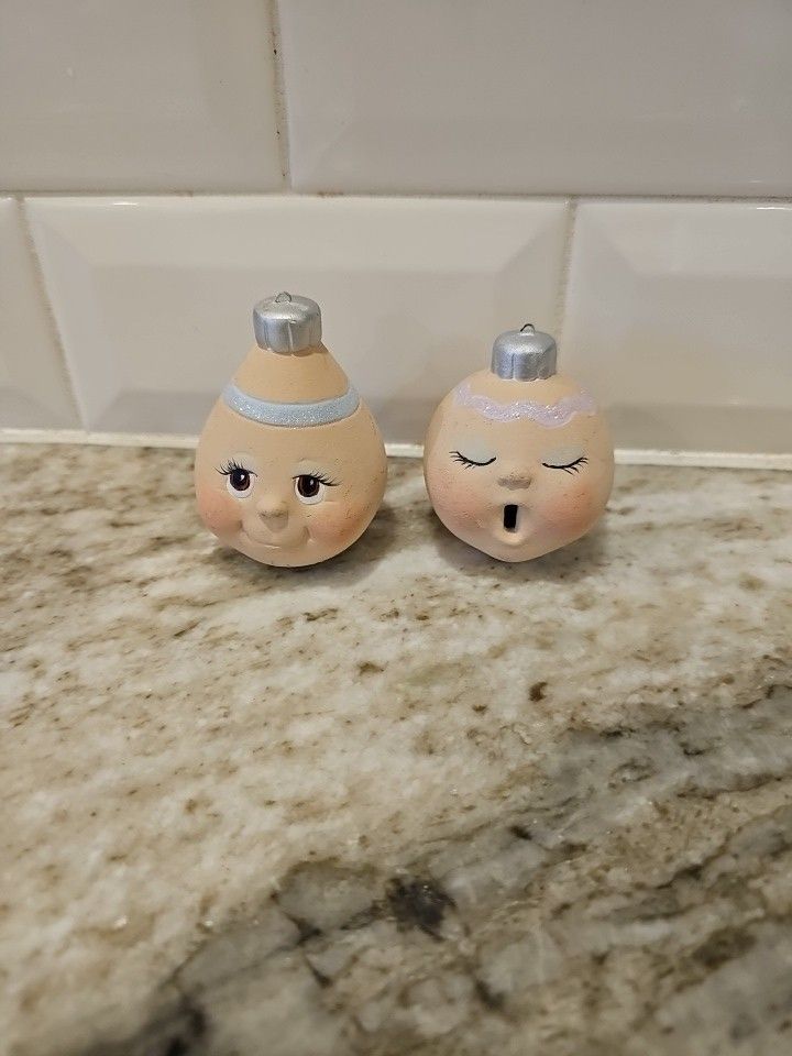 Vintage Anthropomorphic Snowball Ornament Ceramic Glitter 3D Painted Face Lot 2
