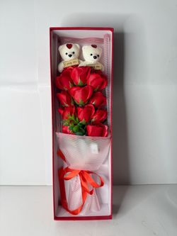 Artificial Red Roses & Twin Teddy Bear Presentation Gift Set
