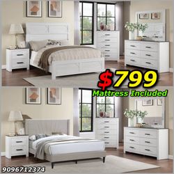 4pcs Queen Size Bedroom Set w. Mattress Included 