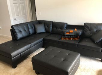 Brand New Black Faux Leather Sectional Sofa +Storage Ottoman (New In Box)