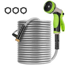 Metal Garden Hose 100ft, 304 Stainless Steel Garden Hose, Heavy Duty Water Hoses with 10 Function Hose Nozzle, Flexible, No Kink & Tangle, Puncture Pr