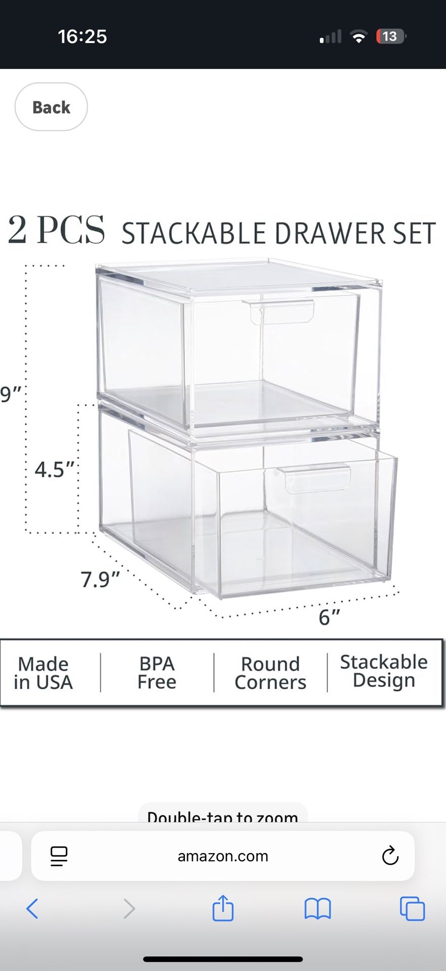 Stackable Clear Bin Plastic Organizer Drawers | 2 Piece Set