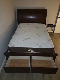 Dark Wood Sleigh Bed, Full Size w/ Drawers