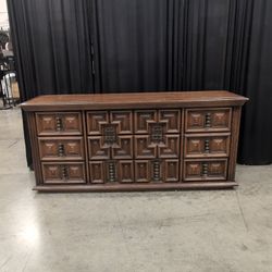 Brown Geometric Paneled Nine-Drawer Dresser in Hardwood