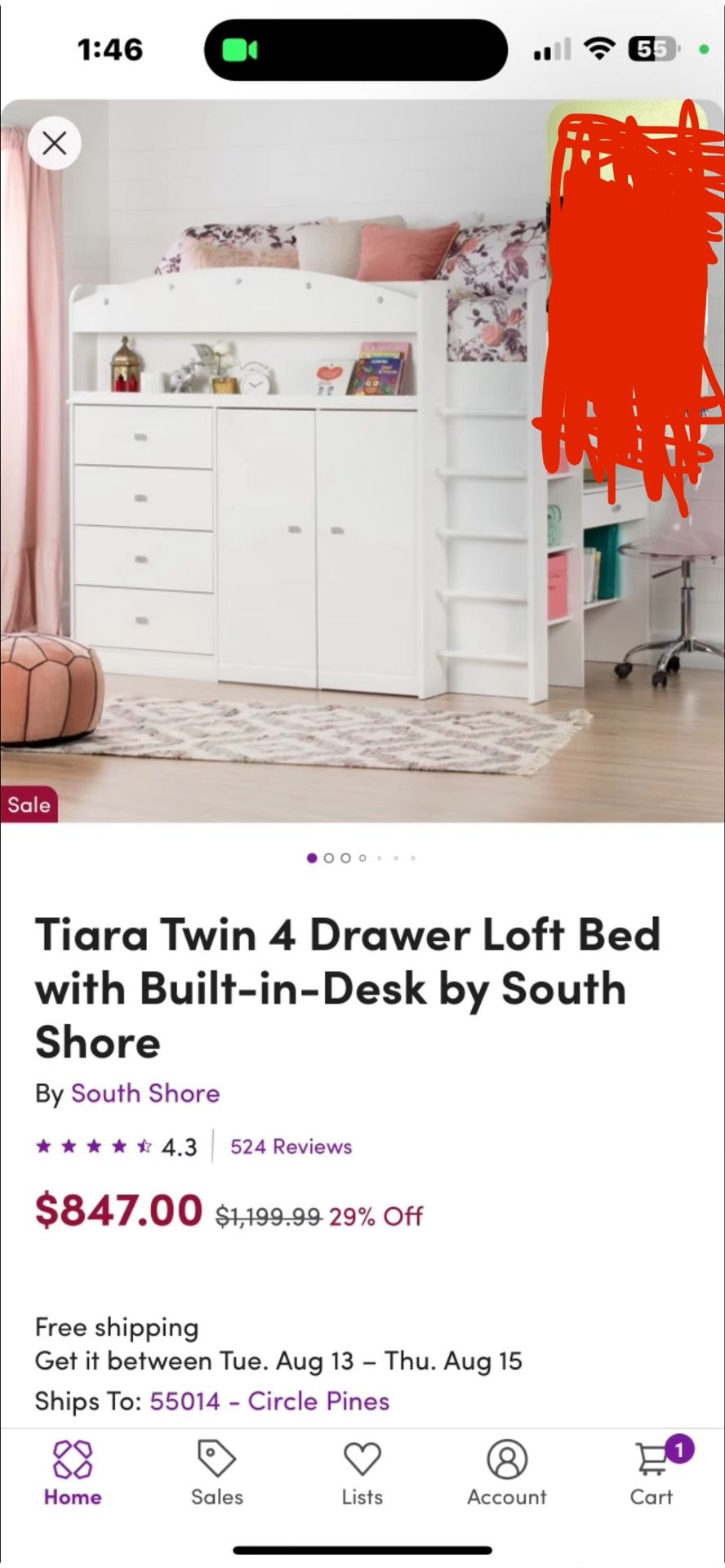 Tiara Twin, Four Drawer Loft Bed With Built-In Desk By Southshore