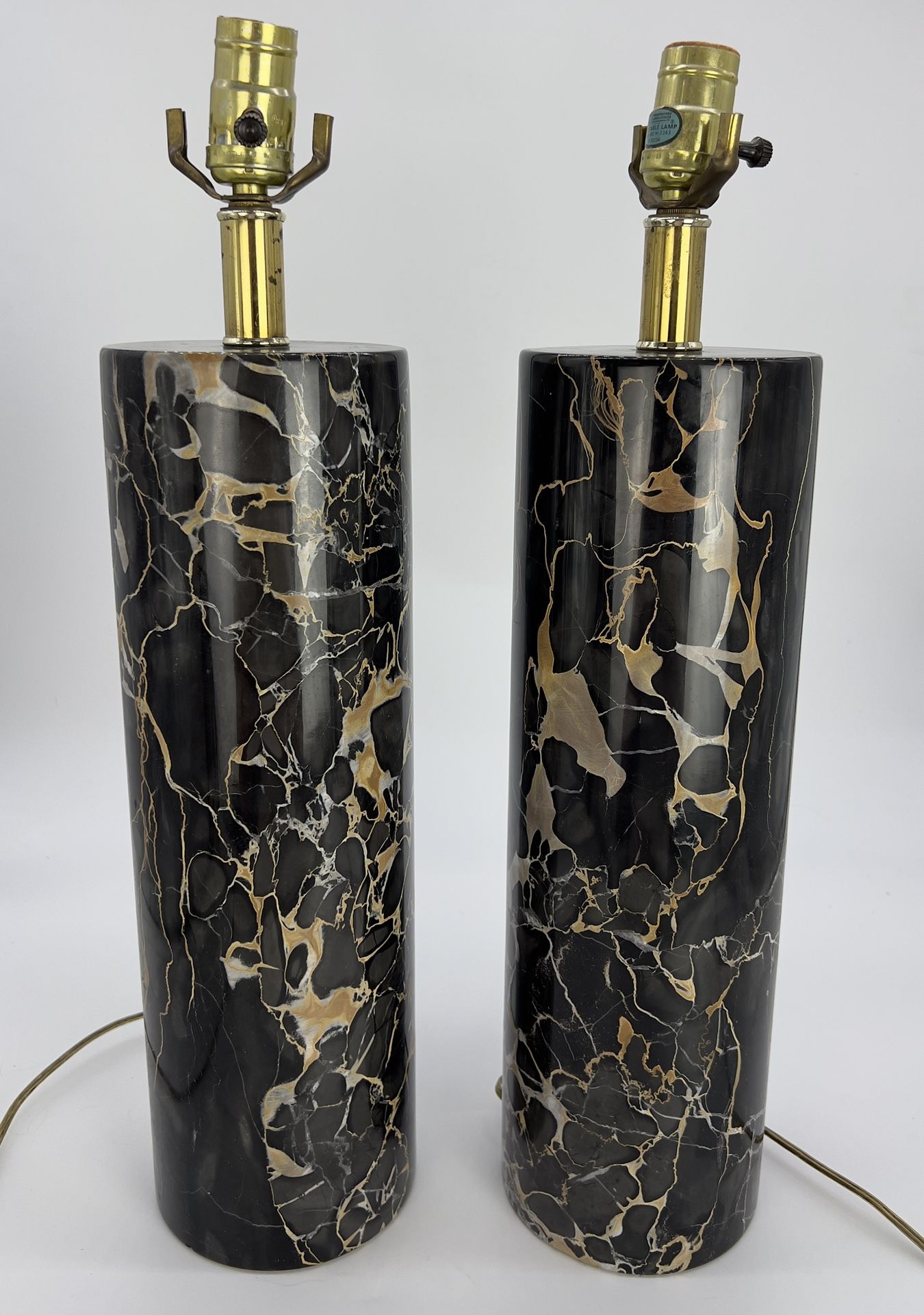Walter Von Nessen Black Italian Marble Midcentury Modern Pair Table Lamps
