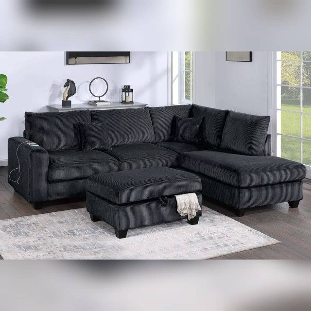 Black Corduroy sectional sofa with ottoman