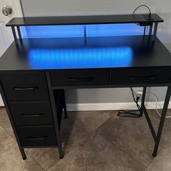 (New) 39” Wide Computer Desk W/ Monitor Stand, Drawers And LED Lights