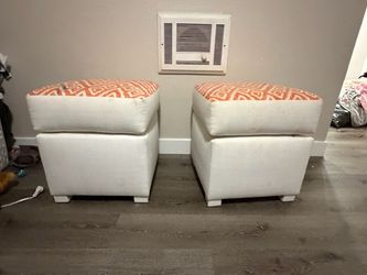 Set of 2 Orange and White Upholstered Ottomans