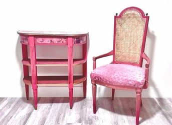 Refurbished Wooden console &  Vintage Cane-Back Armchair with Upholstered Seat