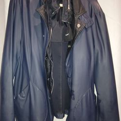 Giorgio Armani Navy Blue Raincoat W/ Leather Lapels, Size M