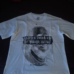 cough syrup benjamin t-shirt.  white primary, with black and blue.  medium