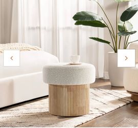 Mina Boucle and Wood Storage Ottoman- Modern Round Footstool