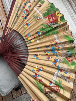 Large Hand Painted Asian Storytelling Folding Fan - Vintage Wall Decor