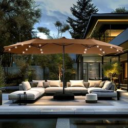 15ft Solar Double-Sided Patio Extra Large Twin Umbrella with Led Lights and Base
