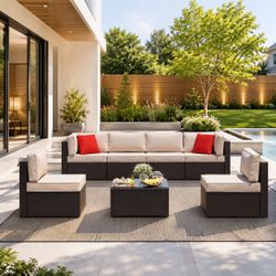 New 7 Pieces Patio Furniture Sets, Outdoor Patio Conversation Set PE Rattan Wicker Sectional Sofa Couch with Glass Coffee Table for Garden, Poolside, 