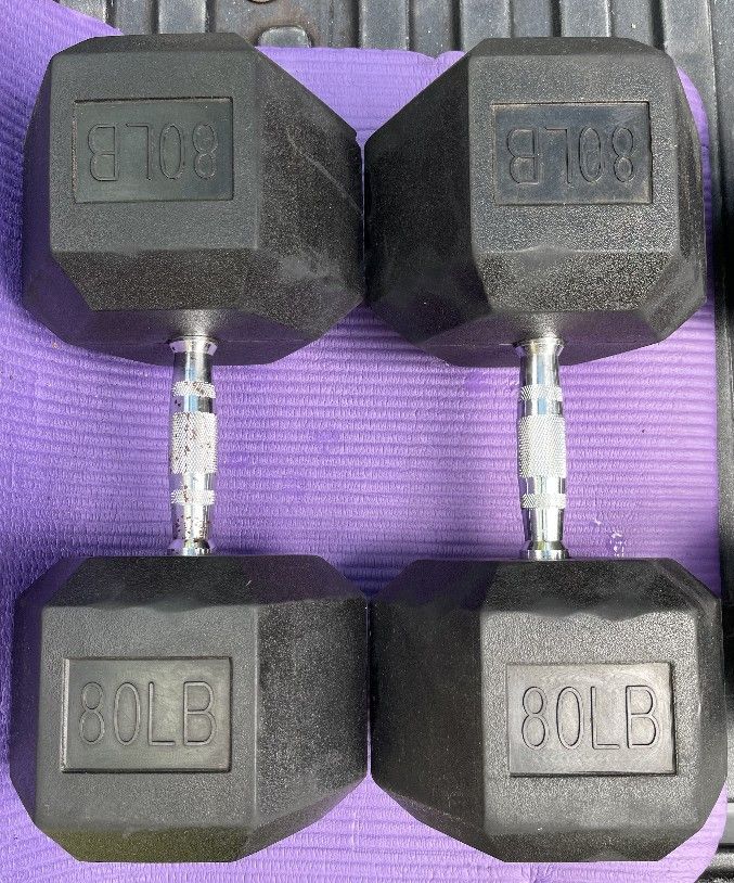 PAIR OF 80 LB. RUBBER HEX DUMBBELLS
