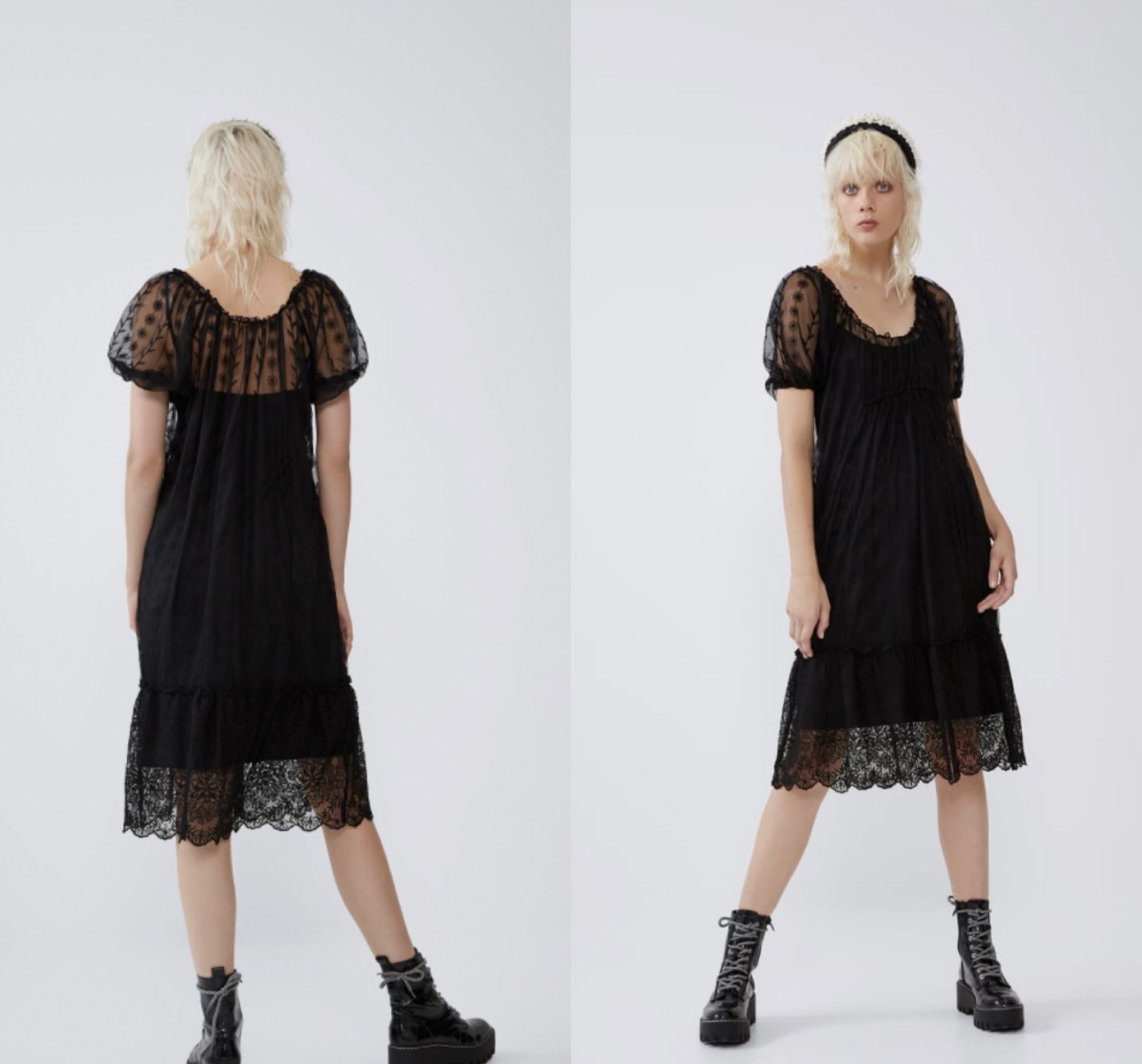 NWT Zara Black Semi Sheer Lined Lace Ruffled Hem Knee Length Dress 2712/805  M