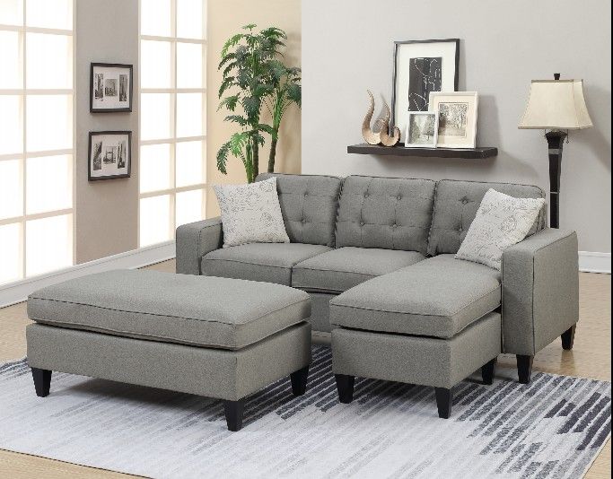 Brand New Light Grey Linen Sectional Sofa +Ottoman (New In Box)