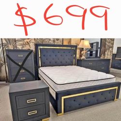 Black And Gold 4pc Queen Bedroom Set 