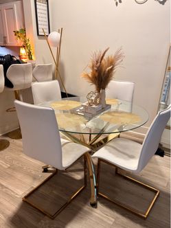 White and gold Round Glass Dining Table with 4 Chairs
