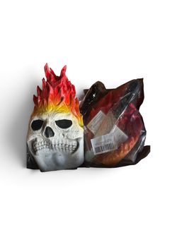 Flaming Skull Halloween Costume Mask and another scary open gut costume accessory