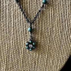 Sterling, Turquoise & Rhinestone Drop Flower Necklace