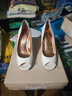 BCBG Dion white patent open toe pumps