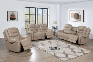 Brand New Beige Top Grain Leather 3pc Power Reclining Sofa Set