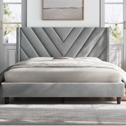 Queen Bed Frame Upholstered Platform Bed/Wooden Slat Support/Tufted Headboard with Wing Side/Mattress Foundation/No Box Spring Needed,Light Gray Queen