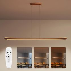 54" Wood Linear Pendant Light Kitchen Island Dimmable Dining Room Light Fixture with Remote，Adjustable Kitchen Island Chandelier 30W for Dining Room B