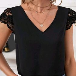 Tie Back Scallop Trim Guipure Lace Panel Black Blouse (Size Large)