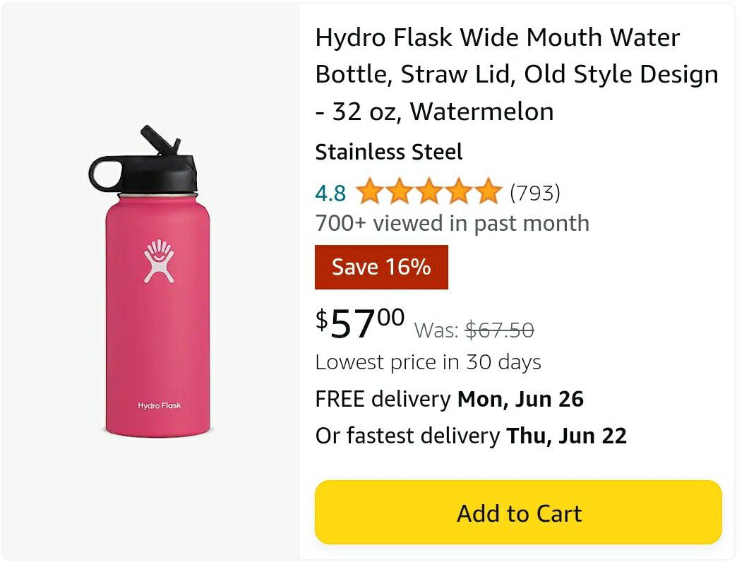 Hydro Flask Water Bottle - Wide Mouth Straw Lid 2.0 - 32 oz, Watermelon