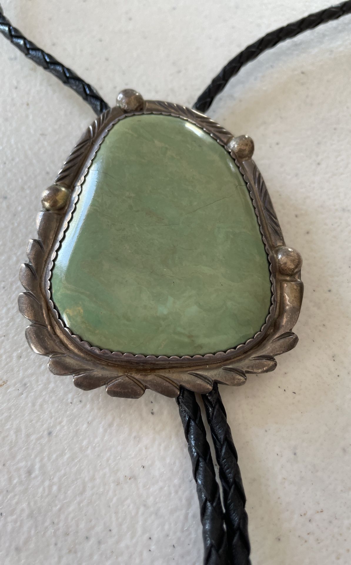 Marked Silver And Turquoise Old Pawn Bo Lo Tie.