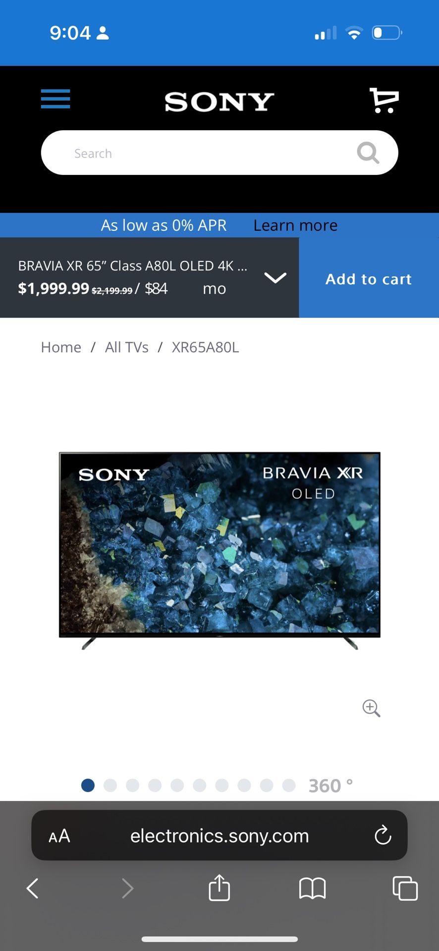 Sony BRAVIA XR 65” Class A80L OLED 4K HDR Google TV (2023)