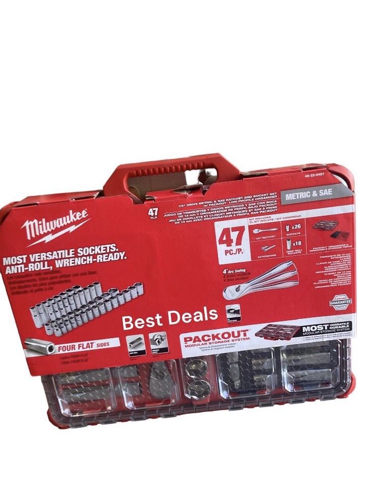 Milwaukee 1/2 Drive Metric & SAE Ratchet And Socket Set w/ Packout Low-Profile Organizer/Juego De Trinquetes Y Dados Y SAE Con Coca De 13mm