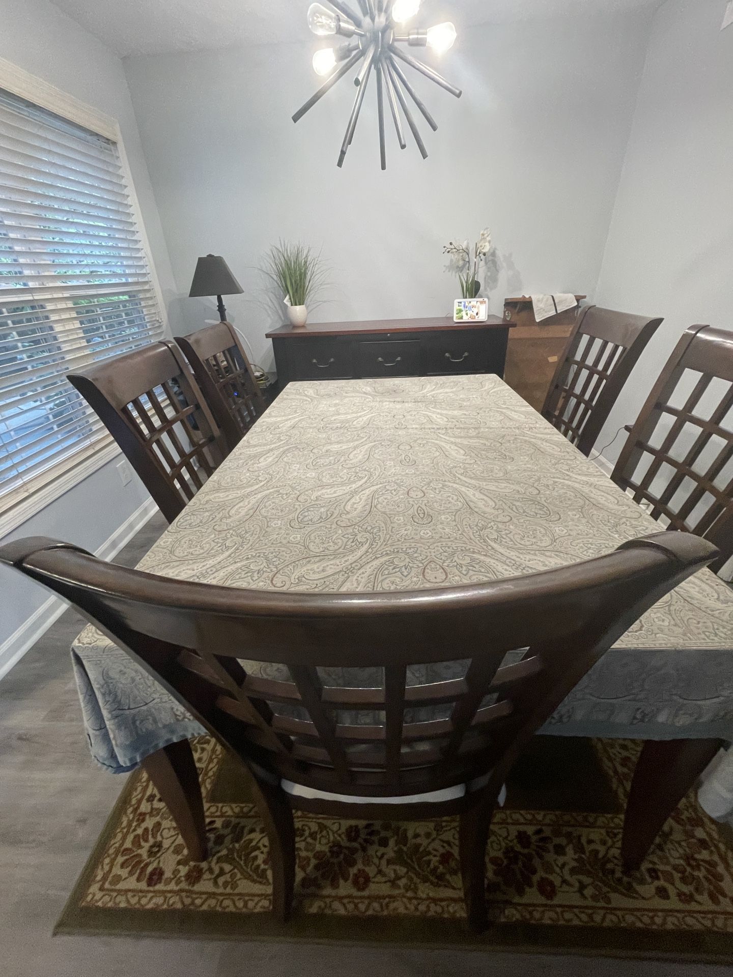 Wooden Dining Table Set with Six Chairs and Extendable Part