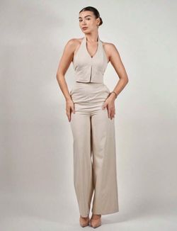 Andrea Bello Spring/Summer Office Lady V-Neck Sleeveless Top With Open Back & Wide Leg Pants, Slimming And Lengthening Outfit For Streetwear