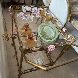 Antique Gold Leaf Tea Cart With Original Ceramic Flowers