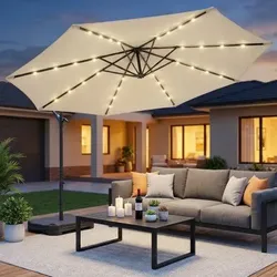 10 FT Solar LED Patio Outdoor Umbrella Hanging Cantilever Umbrella Offset