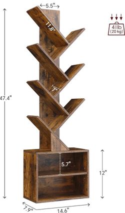 6 Tier Tree Bookshelf, (brown wood) Tall Small Bookcase with Storage Cabinet