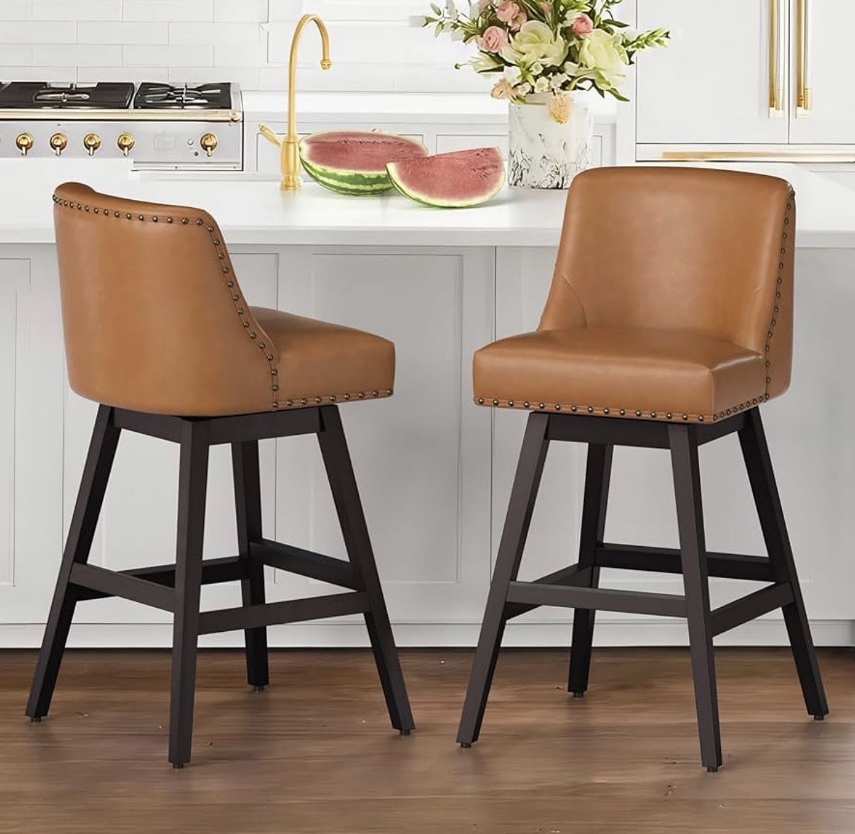 2X Brown 26” Swivel Faux Leather Barstools 