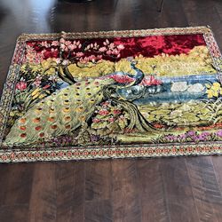 Vintage Large Velvet Peacock Rug Wall Hanging Art Approx. 36 By 48". 