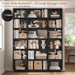 72" Triple Wide Bookshelf, 6-Tier Tall Bookcase, Black Book Shelf Large Bookshelf with 18 Open Display Shelves, Wooden Bookshelf with Rounded Corner,