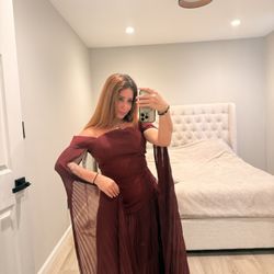 Burgundy Off-Shoulder Gown Dramatic Pleated Cape Sleeves 