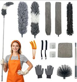 15 PCS Feather Dusters for Cleaning, Microfiber Duster with Extension Pole 100in, Extendable Duster for High Ceilings, Ceiling Fans, Baseboards, Blind
