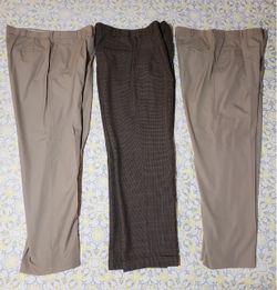 Three Pairs Of Men's Trousers/ Dress Slacks, Size 34! 1 Patrick James Brown Houndstooth Pattern Wool Plus 2 Norm Thompson Khaki/Tan. Price For All!